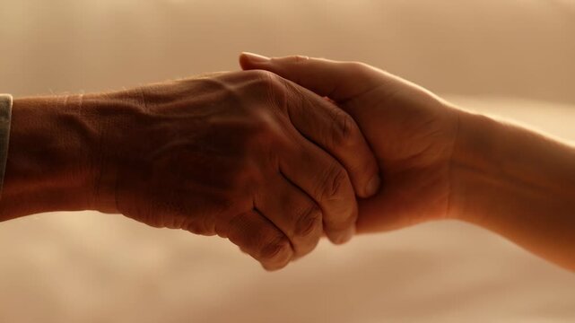 Close-up of a young person reaching out to hold an elderly hand in a gesture of support, comfort, and love, symbolizing intergenerational care and compassion in warm lighting.