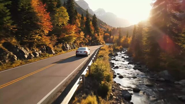 Silver Sedan Drives Mountain Road Alongside Autumn Forest and River During Golden Hour
