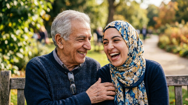 A heartwarming and authentic candid shot of an elderly man and a young woman with a hijab sharing a joyful laugh in a natural park setting.