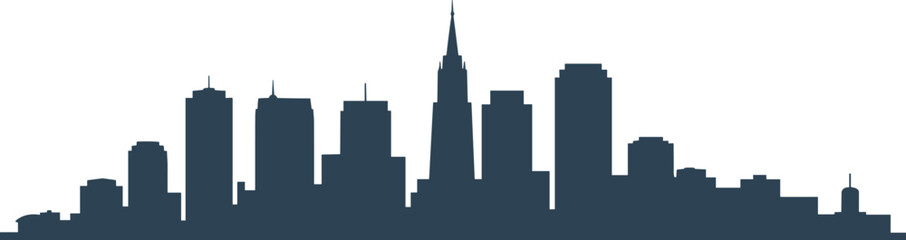Obraz premium Modern city skyline silhouette with skyscrapers and urban buildings, minimal downtown cityscape vector illustration isolated on background for architecture, travel, tourism and urban design