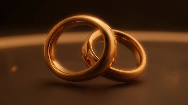 Two Intertwined Gold Wedding Bands Slowly Rotating on a Soft Warm Dark Background, Symbolic Representation of Unity, Love, Marriage and Commitment in Elegant Cinematic Macro Detail