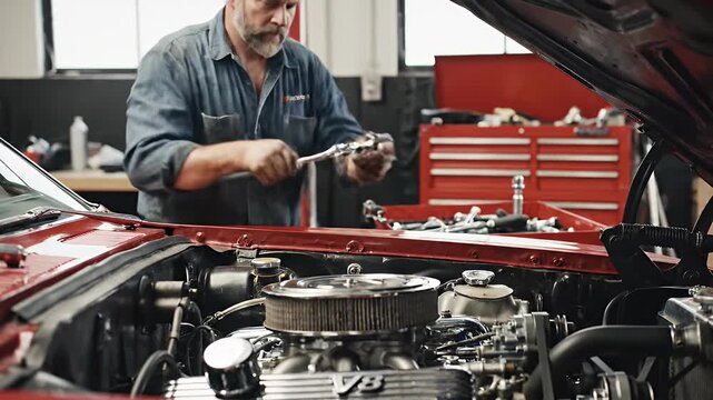 Mechanic Working on Classic Car Engine in Garage