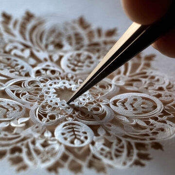 Intricate scherenschnitte paper cutting, delicate handmade craft detail