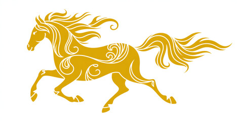 A majestic golden horse with flowing mane and tail depicted in a decorative tribal style art form Vector © ANOWARUL