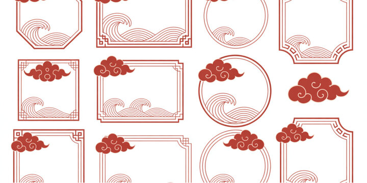 Set of decorative frames featuring traditional chinese style wave and auspicious cloud patterns Vector