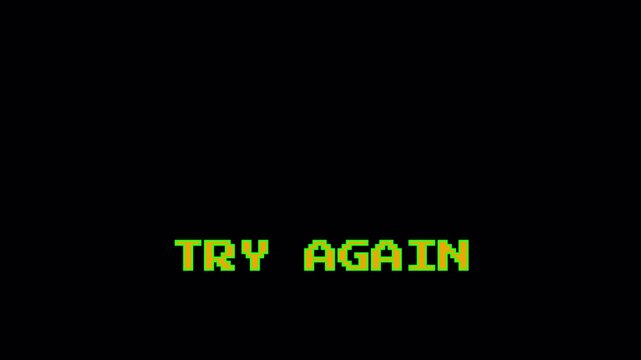 Retro Pixel Arcade Try Again Start Screen with 8 Bit Animation for Vintage Games on Black Background 4k video animation seamless loop