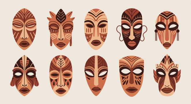A collection of abstract tribal masks with intricate designs and earthy tones on a neutral background