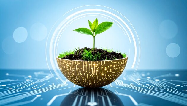 Circuit half-sphere with sprouting green plant