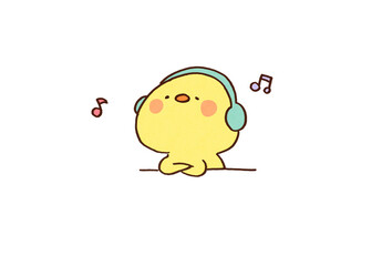 Obraz premium Cute chick listening to music with headphones and relaxing, mental health and chill concept