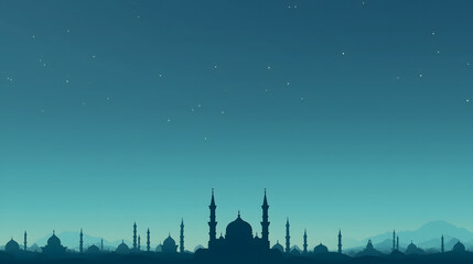 Fototapeta premium Minimal Mosque Skyline on Teal Night Sky Islamic Background