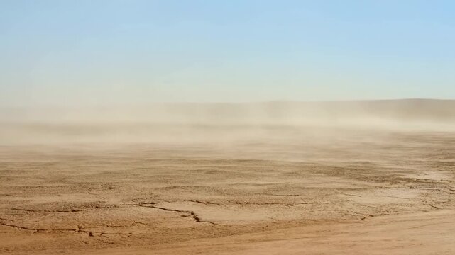 Harsh Dry Terrain Visuals. Brooding Arid Desert Scene Featuring Shimmering Heat Waves And Dust