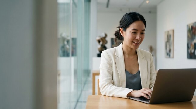 Focused Thai-Korean Female Creative Freelancer Remote-Working on Blank Laptop within MOCA Bangkok Museum of Contemporary Art with Massive Copy Space and Natural Light