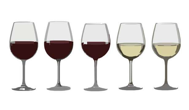 Realistic red and white wine glasses vector set with detailed transparent glass reflections isolated on white background