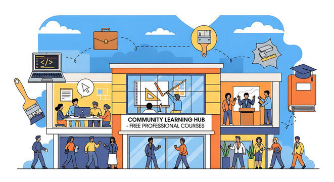 A vibrant illustration of a community learning hub with people engaging in various educational activities