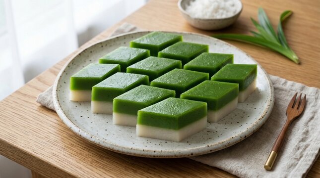 Layered kue talam custard cake with green pandan top and white bottom, smooth glossy surface, diamond-cut slices, on ceramic plate, soft side lighting, traditional dessert close-up, clean commercial