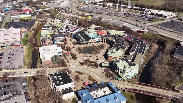 Aerial footage over downtown Pigeon Forge, TN including The Island.
