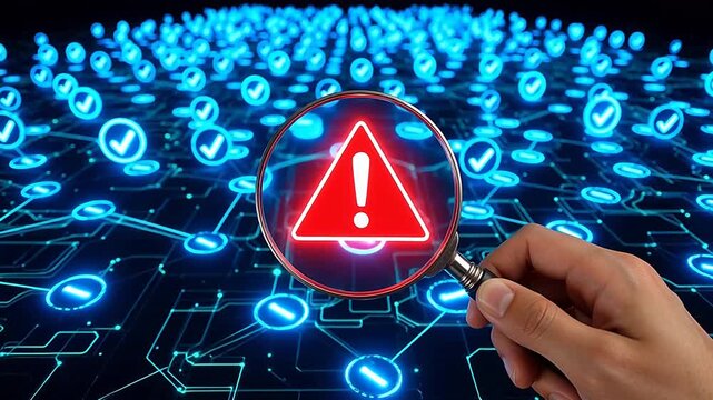 Hand holding magnifying glass over digital network
