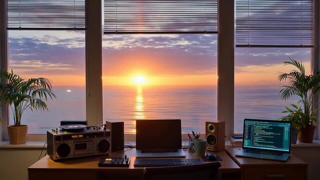 Sunset view from home office workspace