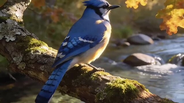 Blue Jay Bird Perched on Tree Branch by Stream in Autumn Setting