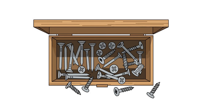 A high-angle view of an open wooden toolbox filled with various screws and fasteners, some scattered outside