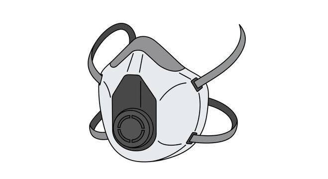 Detailed illustration of a white respirator mask with adjustable straps, designed for respiratory protection and air filtration