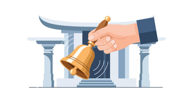 Hand ringing a classic golden bell against a formal building backdrop, representing an important announcement, call to attention, start or end of school, or a summon to order and justice