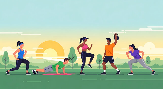 A diverse group of people engaging in various outdoor fitness activities at sunrise