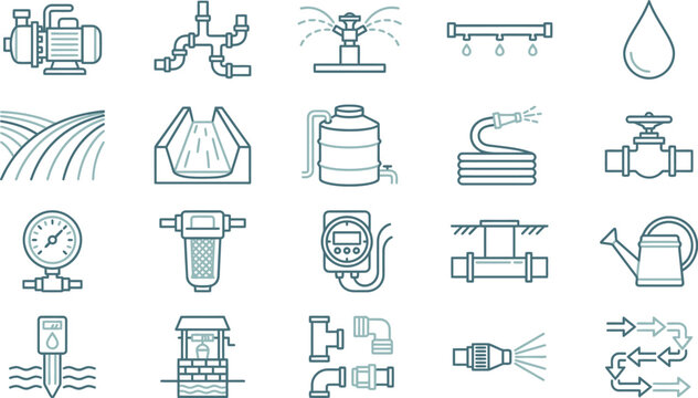 Collection of irrigation system icons including pumps, pipes, sprinklers, and water management tools.
