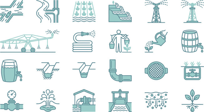 A comprehensive set of outline icons illustrating water management, irrigation, and plant care.
