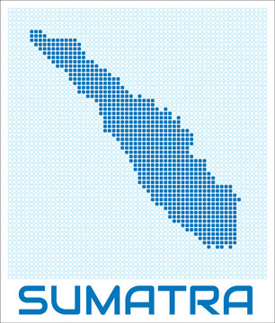 Sumatra digital style map with blue rounded rectangle dots. Indonesia. Dotted shape of the island. Sumatra blue colored map and title on white background. Classy Vector Illustration.