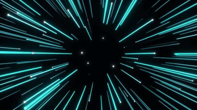 A mesmerizing display of vibrant cyan lines radiate from a central void in a dark space.