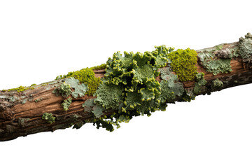 Fototapeta premium Tree branch showing green moss and lichen growing on rough bark, isolated on a transparent background