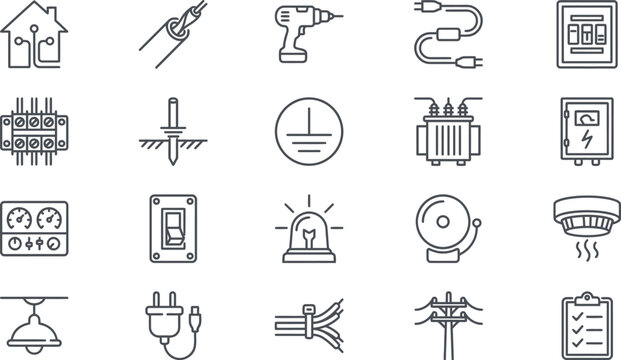 Collection of electrical engineering symbols representing wiring tools maintenance and security devices.