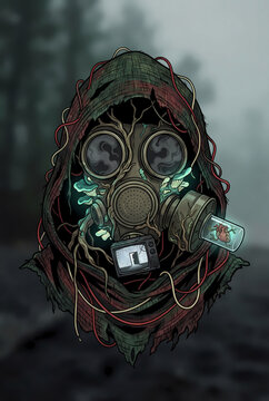 Surreal biopunk gas mask with glowing mushrooms and heart in a glass tube, creepy post-apocalyptic concept art illustration.