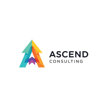 A logo featuring a colorful ascending arrow design