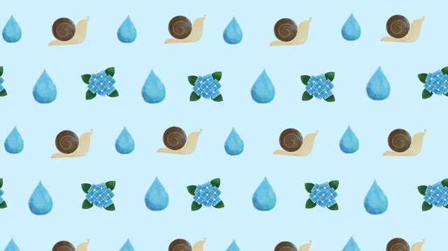カタツムリと紫陽花と雨粒のループアニメーション背景
