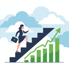 Obraz premium Businesswoman climbing stairs with growth chart and arrow, symbolizing career success and progress
