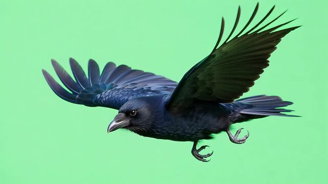 Flying black bird with spread wings