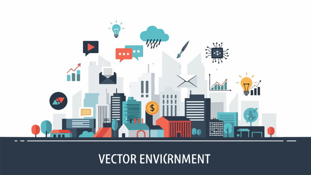 A stylized cityscape illustration with various icons and graphic elements