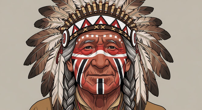 A vector illustration of a Native American chief with traditional headdress and face paint