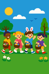 Naklejka premium Easter Monday Children Carrying Egg Baskets in the Park