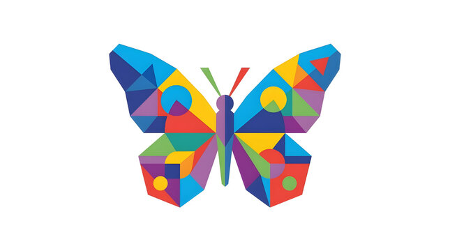 Geometric butterfly logo icon, colorful mosaic insect illustration, abstract low poly butterfly symbol for creative branding and design