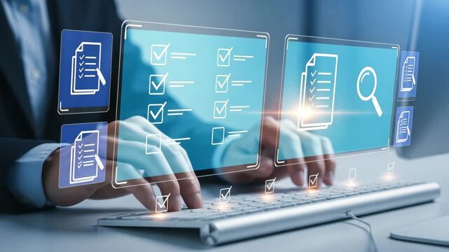 AI data processing and digital document analysis concept, smart checklist verification automated audit system with business information management workflow