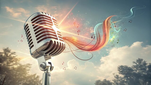 Vintage microphone broadcasting colorful sound waves and musical notes against a dramatic cloudy sky