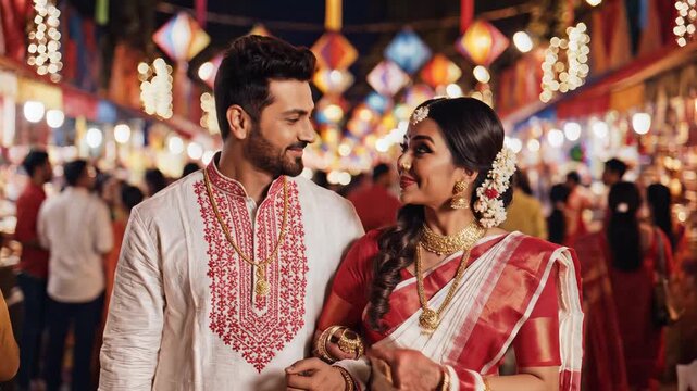 Bengali Couple Celebrating Pohela Boishakh Festival at Night Fair