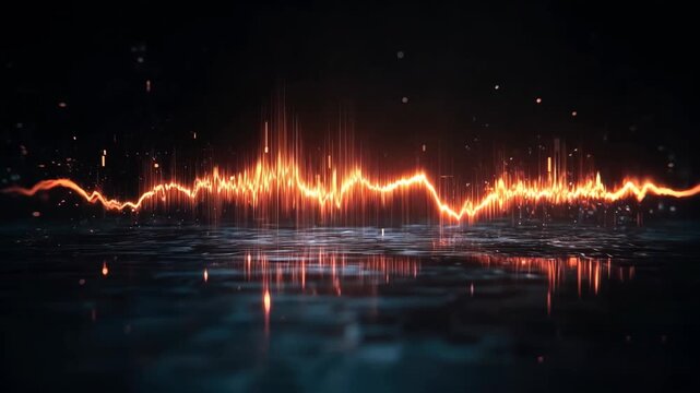 Glowing digital audio waveform equalizer with particles on dark reflective surface