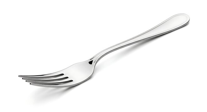 A shiny silver fork on an isolated white background with a slight shadow underneath