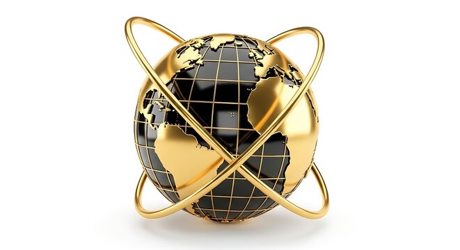 Golden globe with orbiting rings on white background symbolizing global connections and technology
