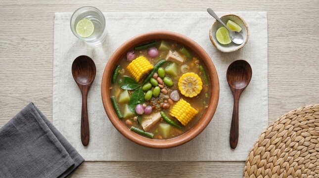 Overhead photorealistic commercial stock photo of sayur asem tangy vegetable soup with corn, melinjo leaves, and tamarind broth, steaming gently in clay bowl
