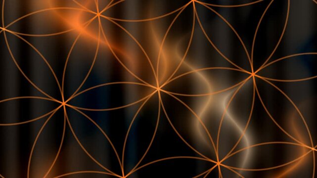 Intricate glowing orange geometric pattern resembling the Flower of Life on a dark background with energetic light trails.